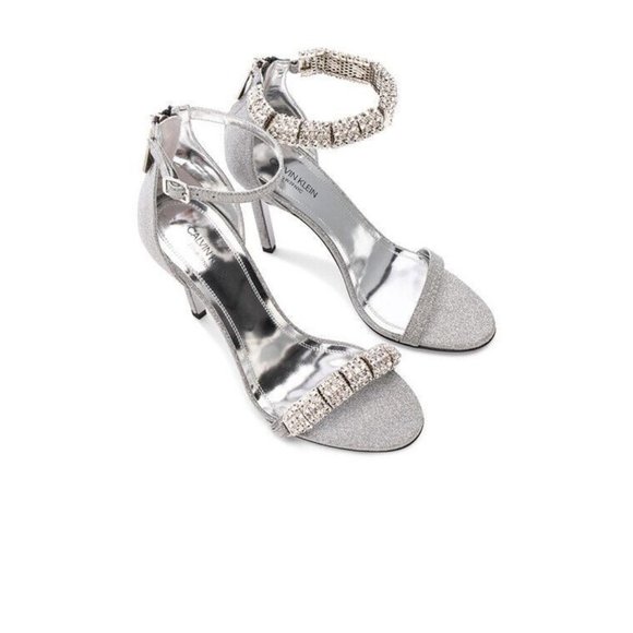 NEW CALVIN KLEIN 205W39NYC SILVER GLITTER LEATHER CRYSTAL SANDALS SIZE 9 - Picture 6 of 11